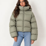 Khaki Puffer Jacket Cropped High Neck Hooded