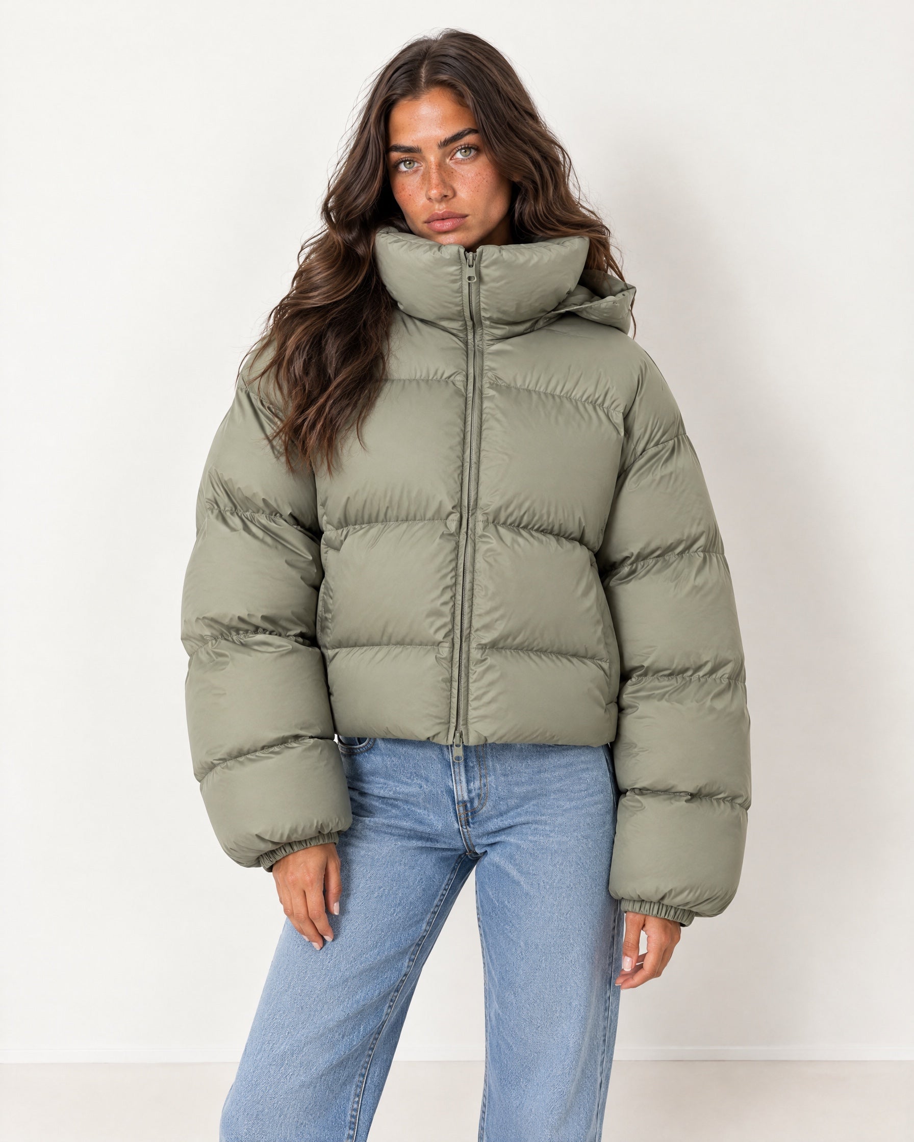 Khaki Puffer Jacket Cropped High Neck Hooded