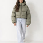 Khaki Puffer Jacket Cropped High Neck Hooded