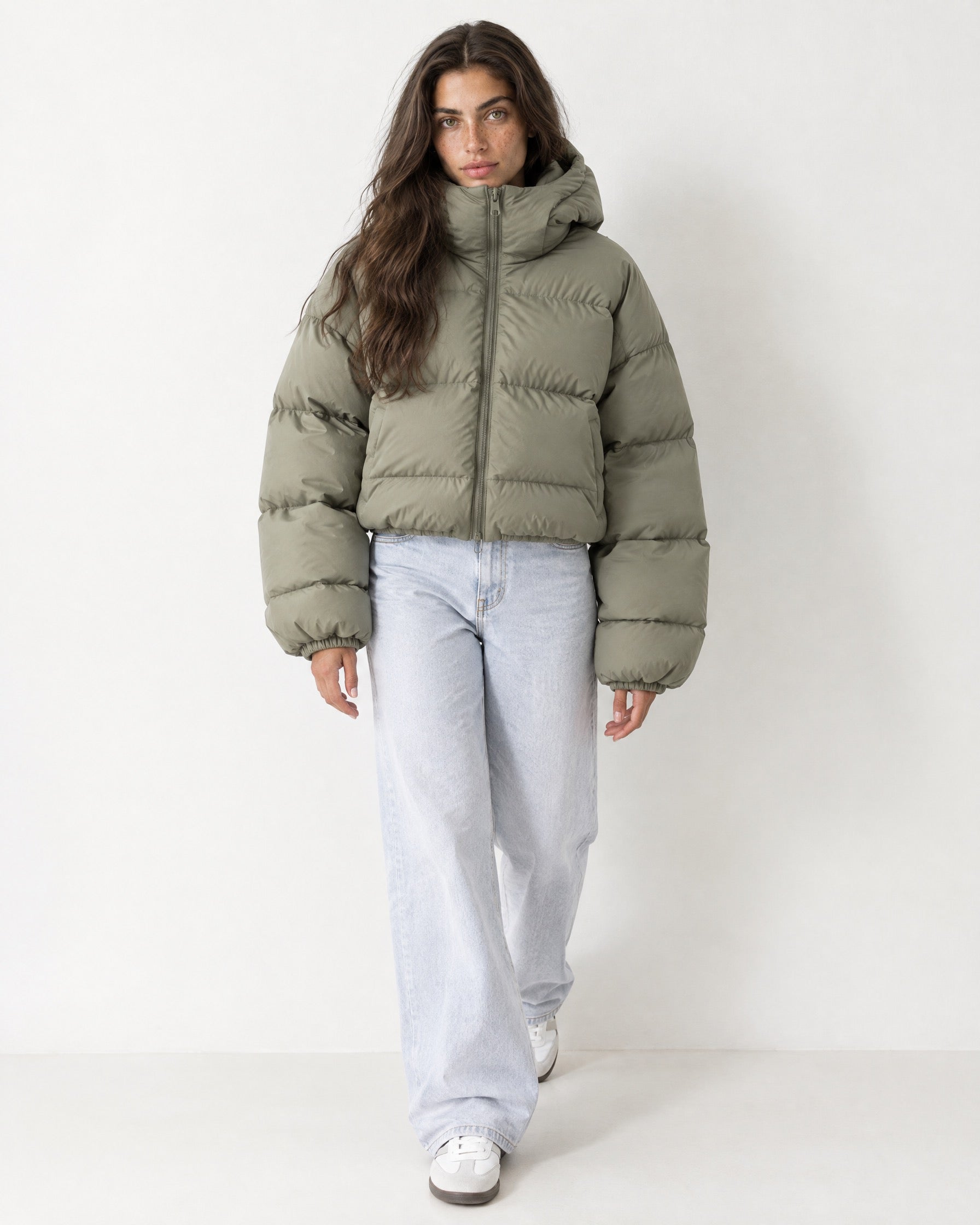 Khaki Puffer Jacket Cropped High Neck Hooded