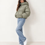 Khaki Puffer Jacket Cropped High Neck Hooded
