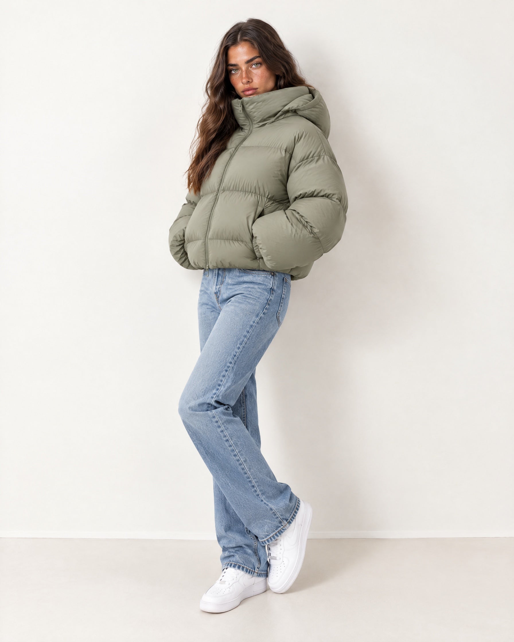 Khaki Puffer Jacket Cropped High Neck Hooded