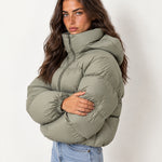 Khaki Puffer Jacket Cropped High Neck Hooded