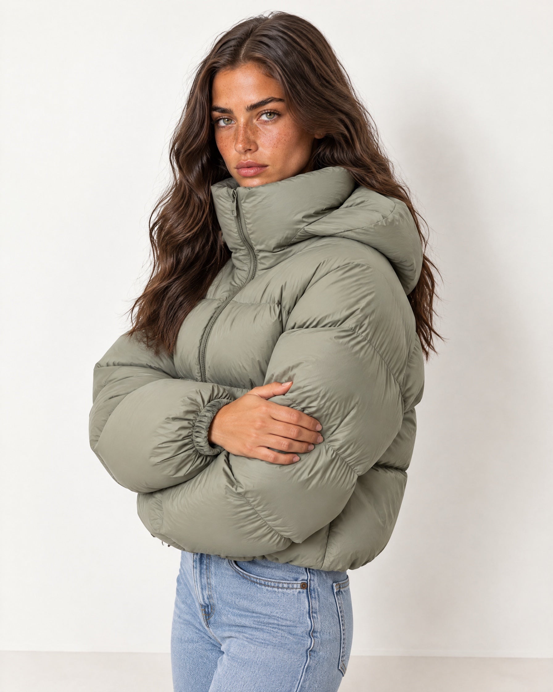Khaki Puffer Jacket Cropped High Neck Hooded