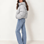Light Grey Puffer Jacket Cropped High Neck Hooded
