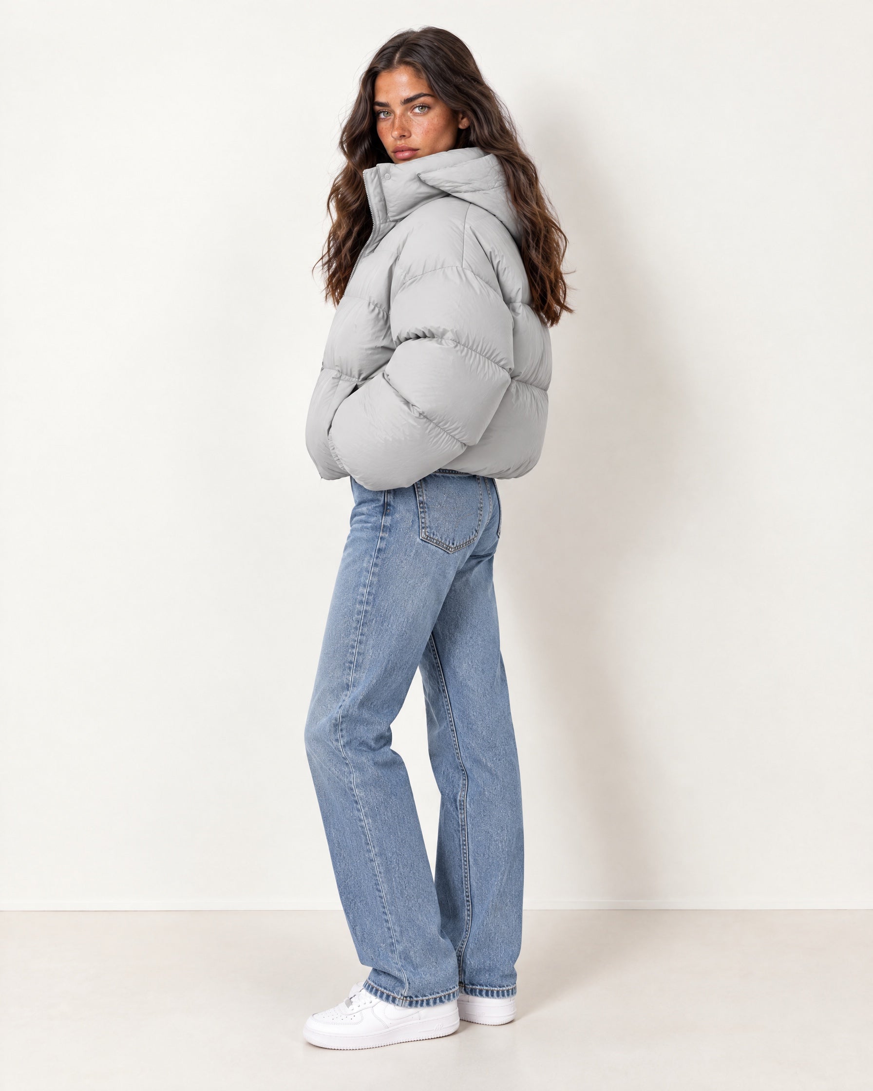 Light Grey Puffer Jacket Cropped High Neck Hooded