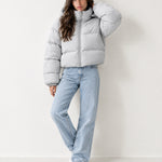 Light Grey Puffer Jacket Cropped High Neck Hooded