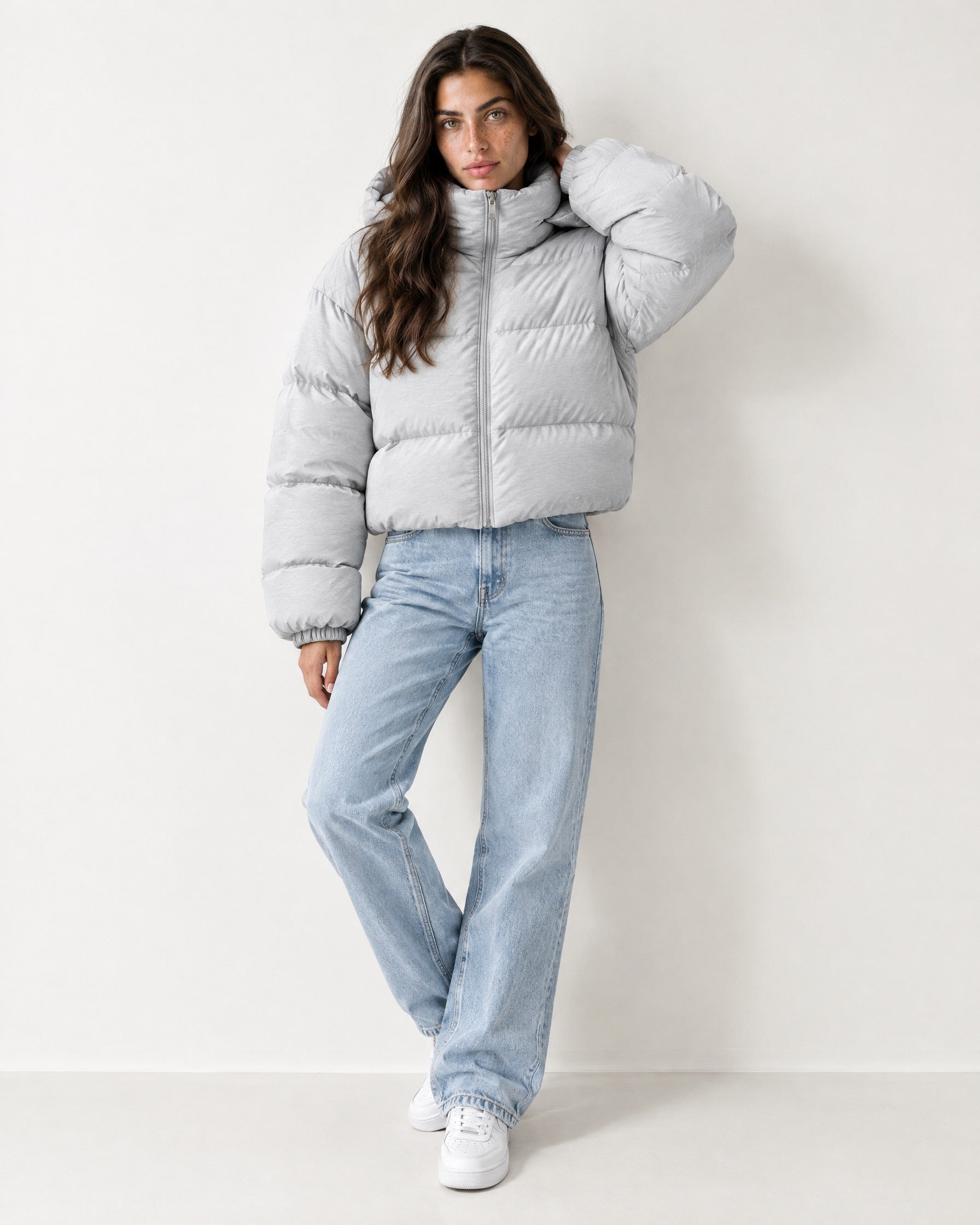 Light Grey Puffer Jacket Cropped High Neck Hooded