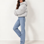 Light Grey Puffer Jacket Cropped High Neck Hooded