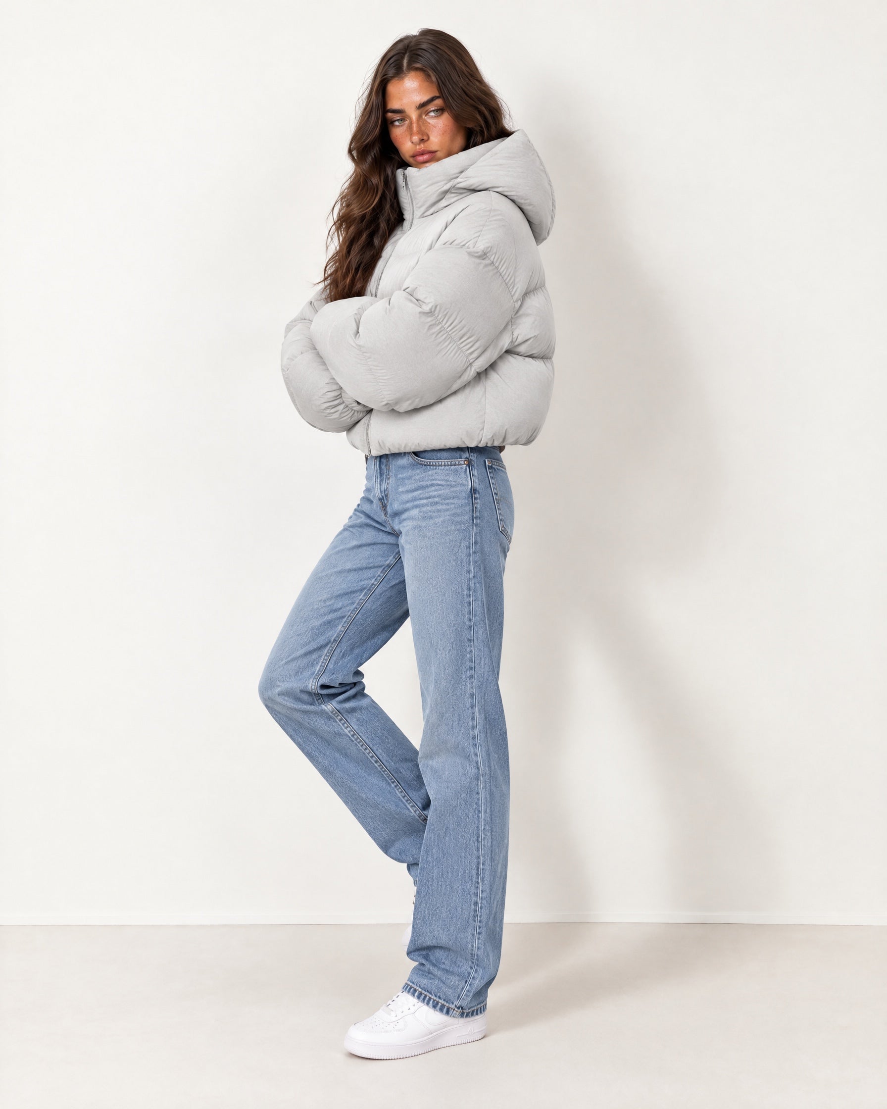 Light Grey Puffer Jacket Cropped High Neck Hooded