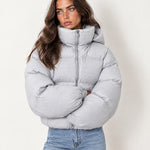Light Grey Puffer Jacket Cropped High Neck Hooded