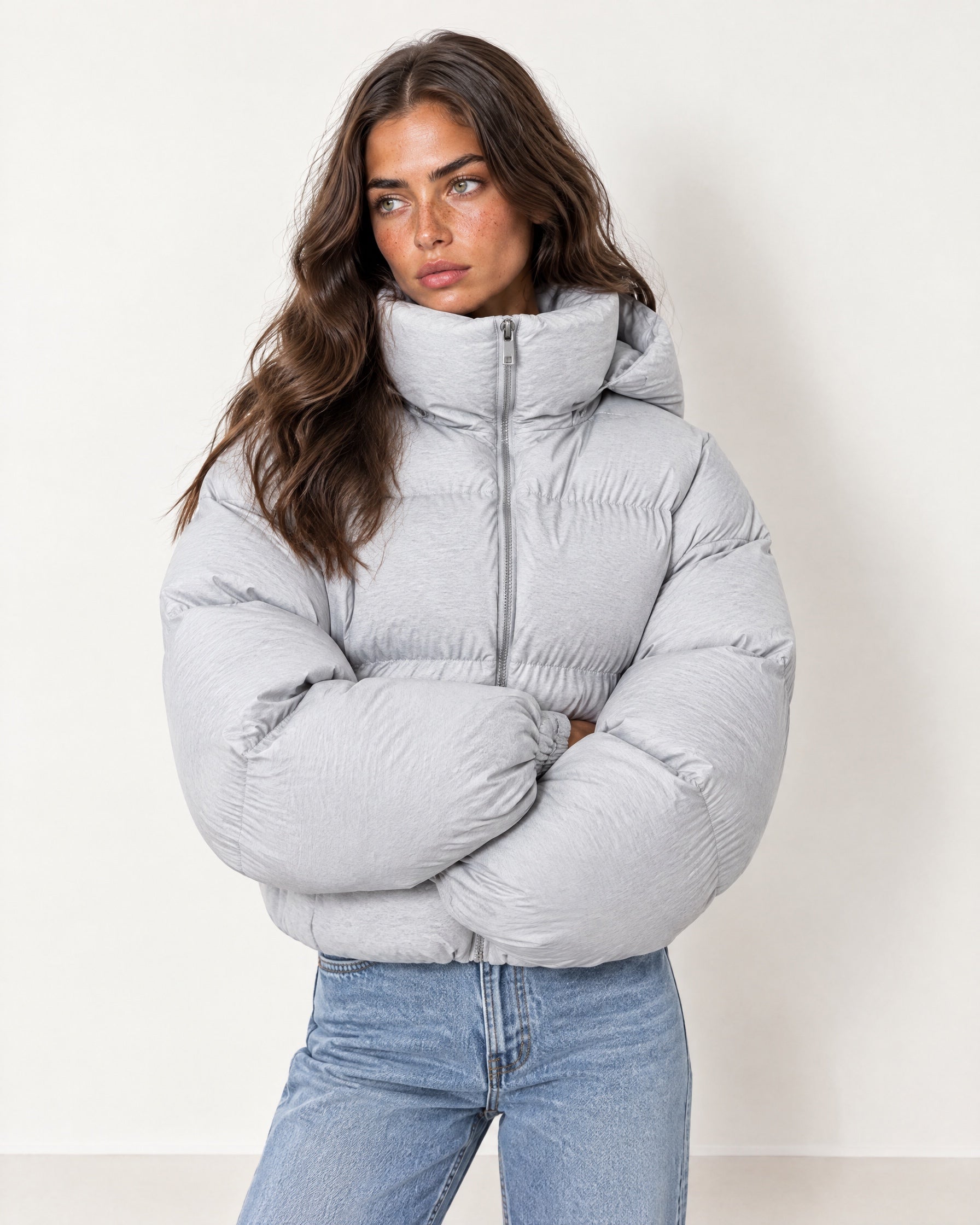 Light Grey Puffer Jacket Cropped High Neck Hooded