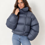 Slate Blue Puffer Jacket Cropped High Neck Hooded