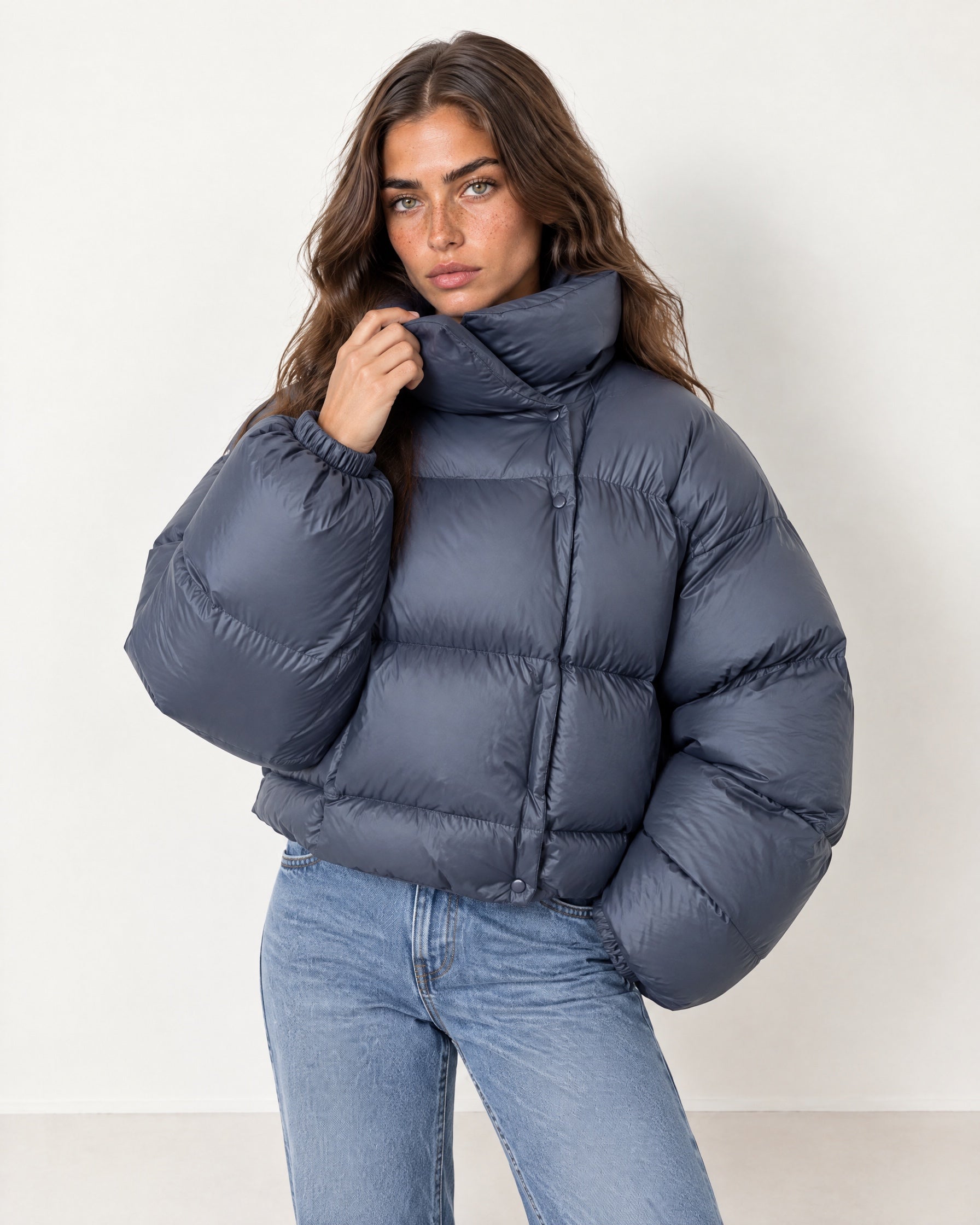 Slate Blue Puffer Jacket Cropped High Neck Hooded