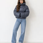 Slate Blue Puffer Jacket Cropped High Neck Hooded