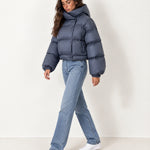Slate Blue Puffer Jacket Cropped High Neck Hooded