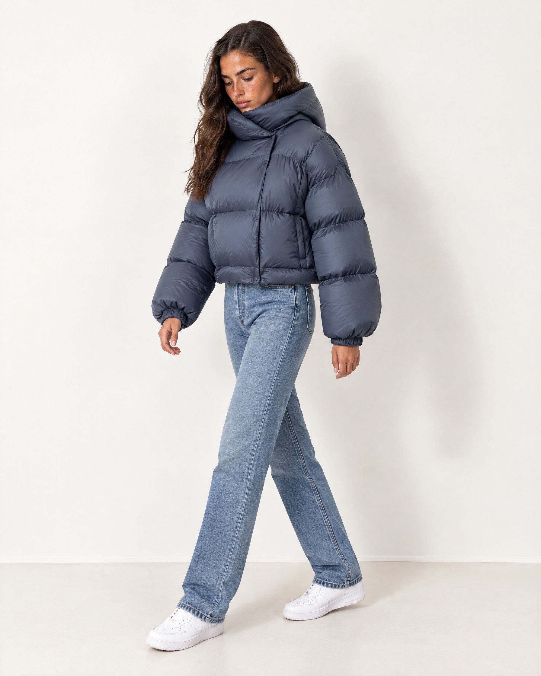 Slate Blue Puffer Jacket Cropped High Neck Hooded
