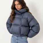 Slate Blue Puffer Jacket Cropped High Neck Hooded