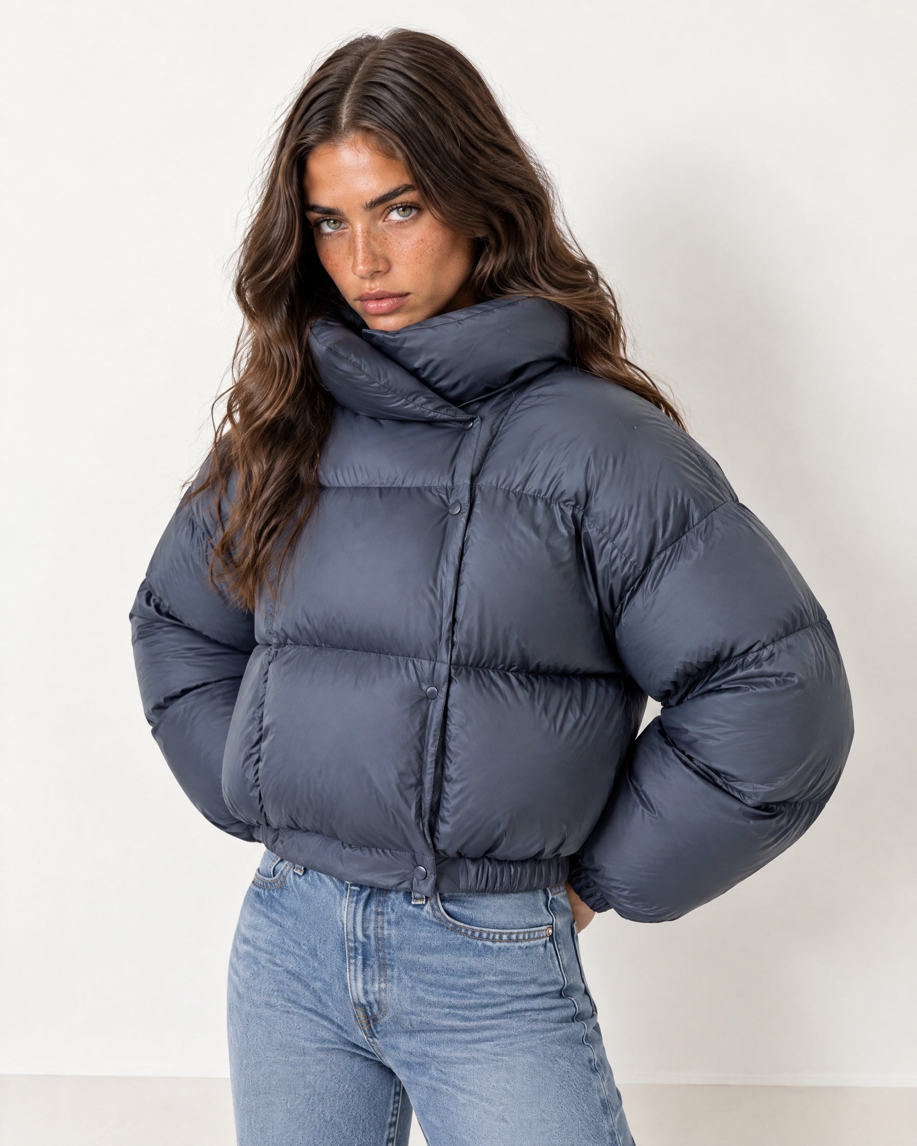 Slate Blue Puffer Jacket Cropped High Neck Hooded