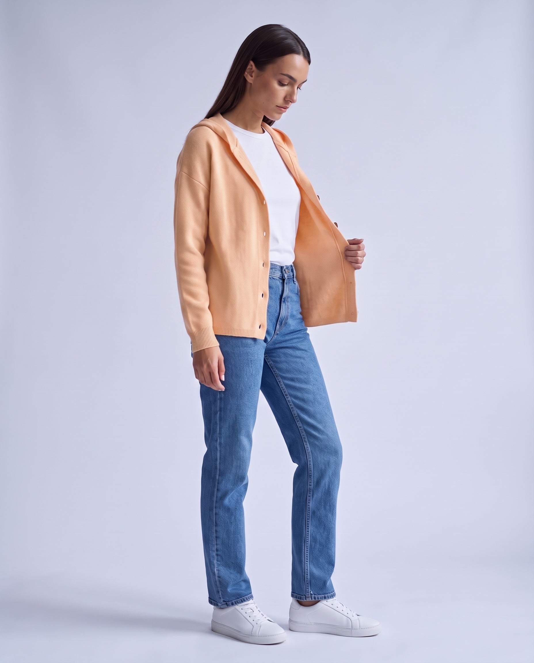 Apricot Hooded Cardigan Knitted Button Front Cardigan with Hood Relaxed Fit