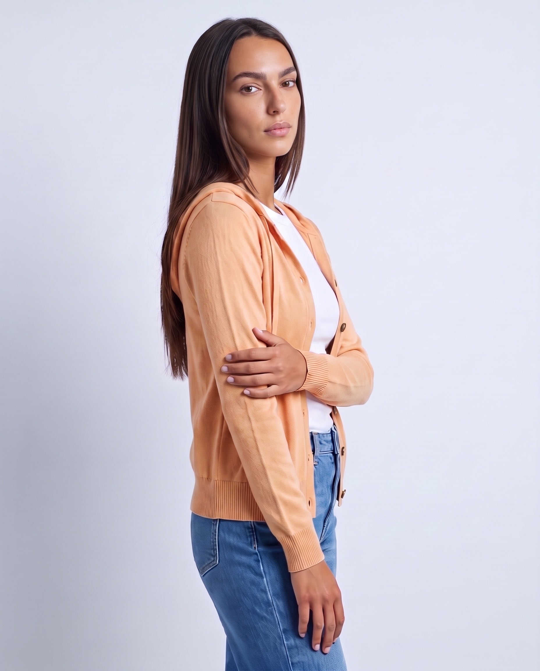 Apricot Hooded Cardigan Knitted Button Front Cardigan with Hood Relaxed Fit