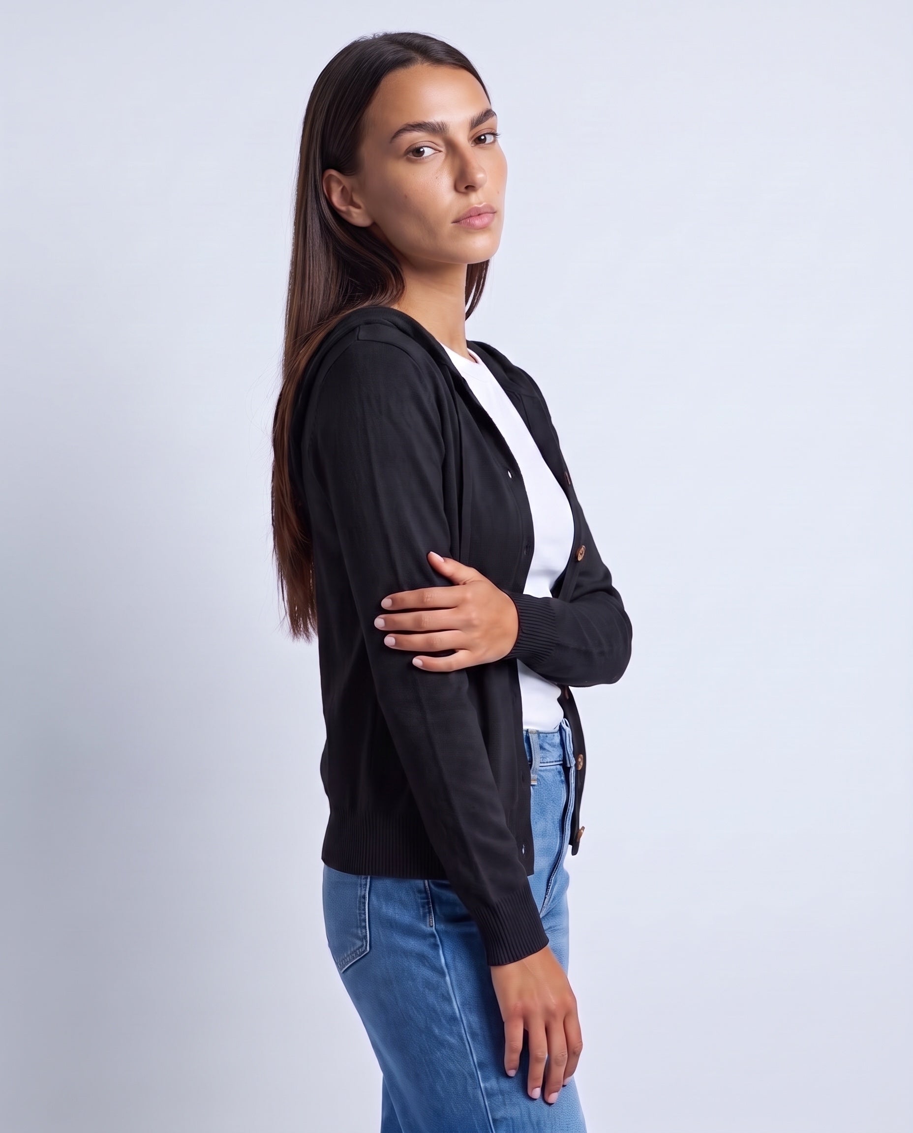Black Hooded Cardigan Knitted Button Front Cardigan with Hood Relaxed Fit