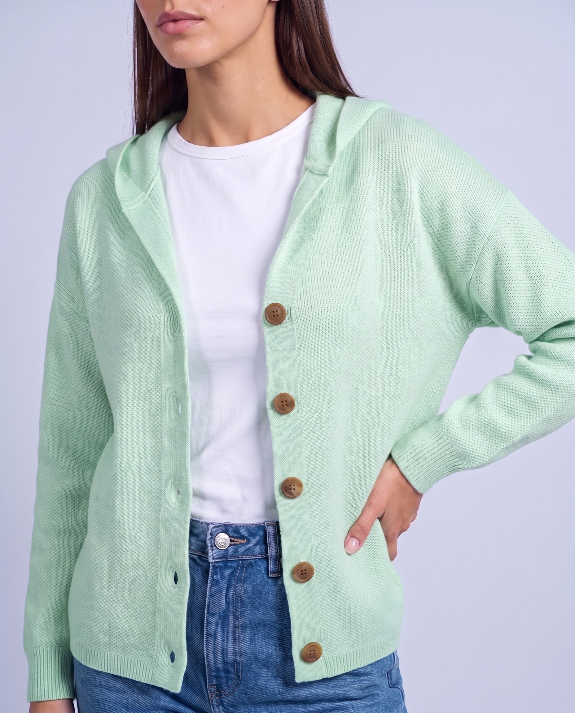 Green Hooded Cardigan Knitted Button Front Cardigan with Hood Relaxed Fit