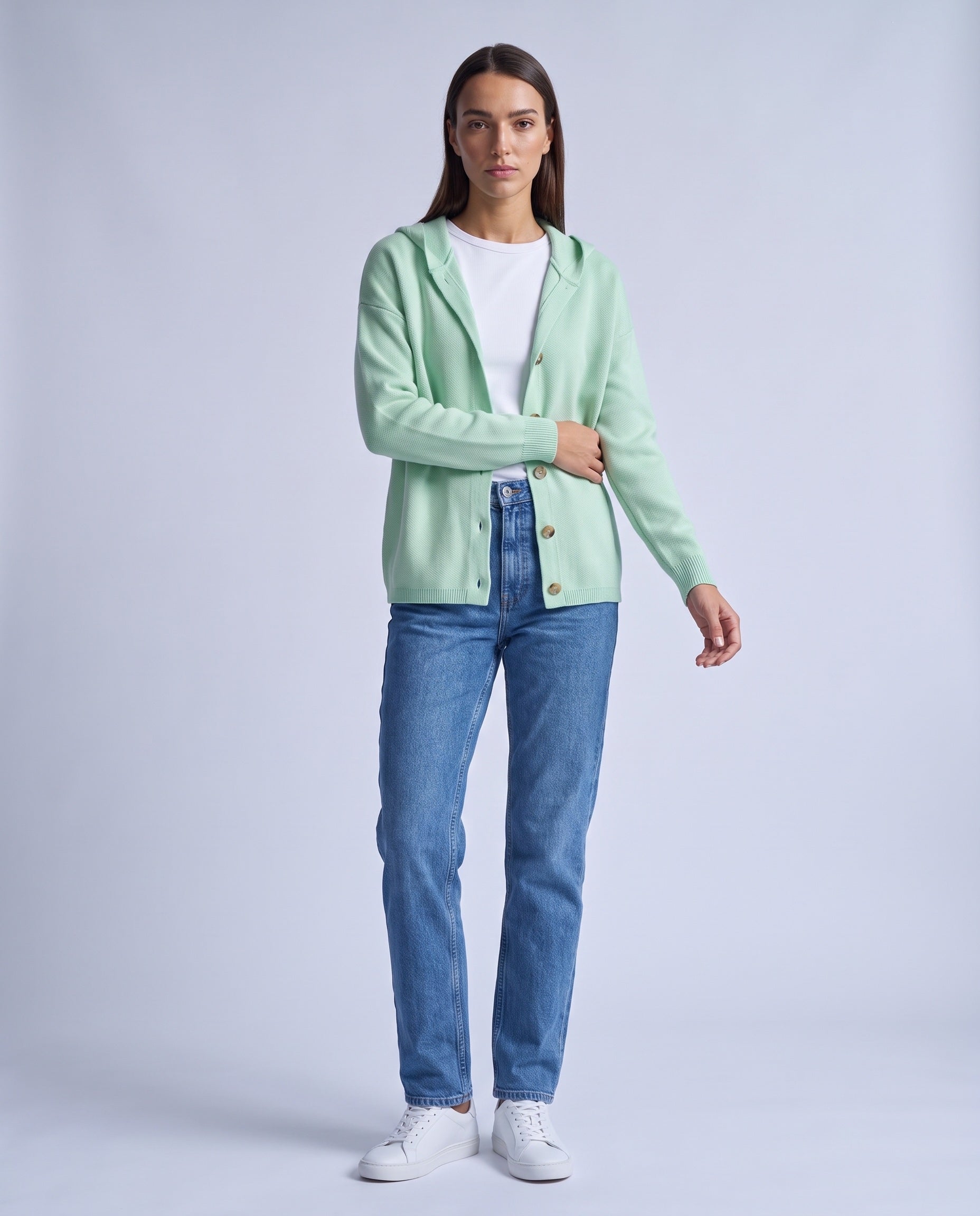 Green Hooded Cardigan Knitted Button Front Cardigan with Hood Relaxed Fit