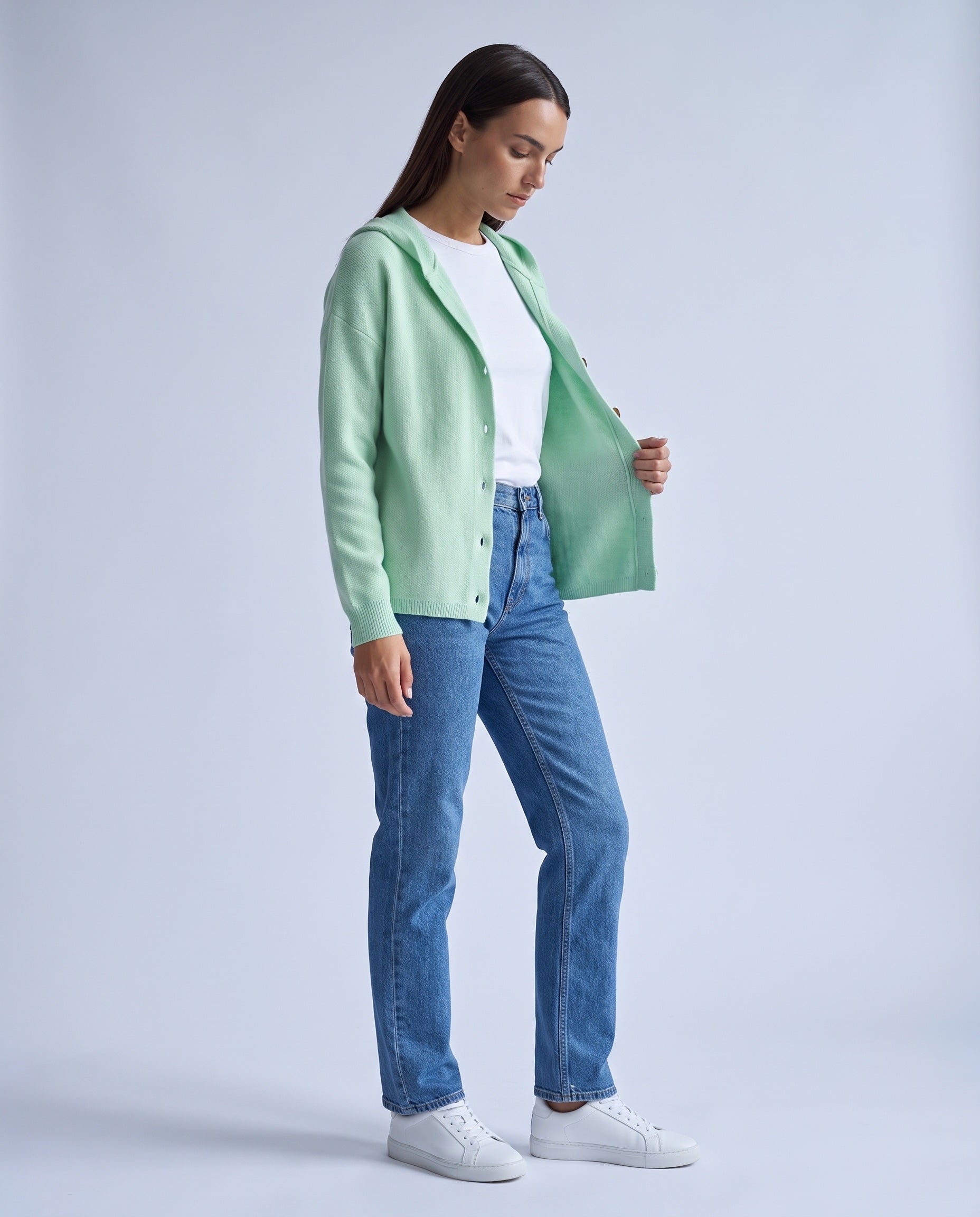 Green Hooded Cardigan Knitted Button Front Cardigan with Hood Relaxed Fit