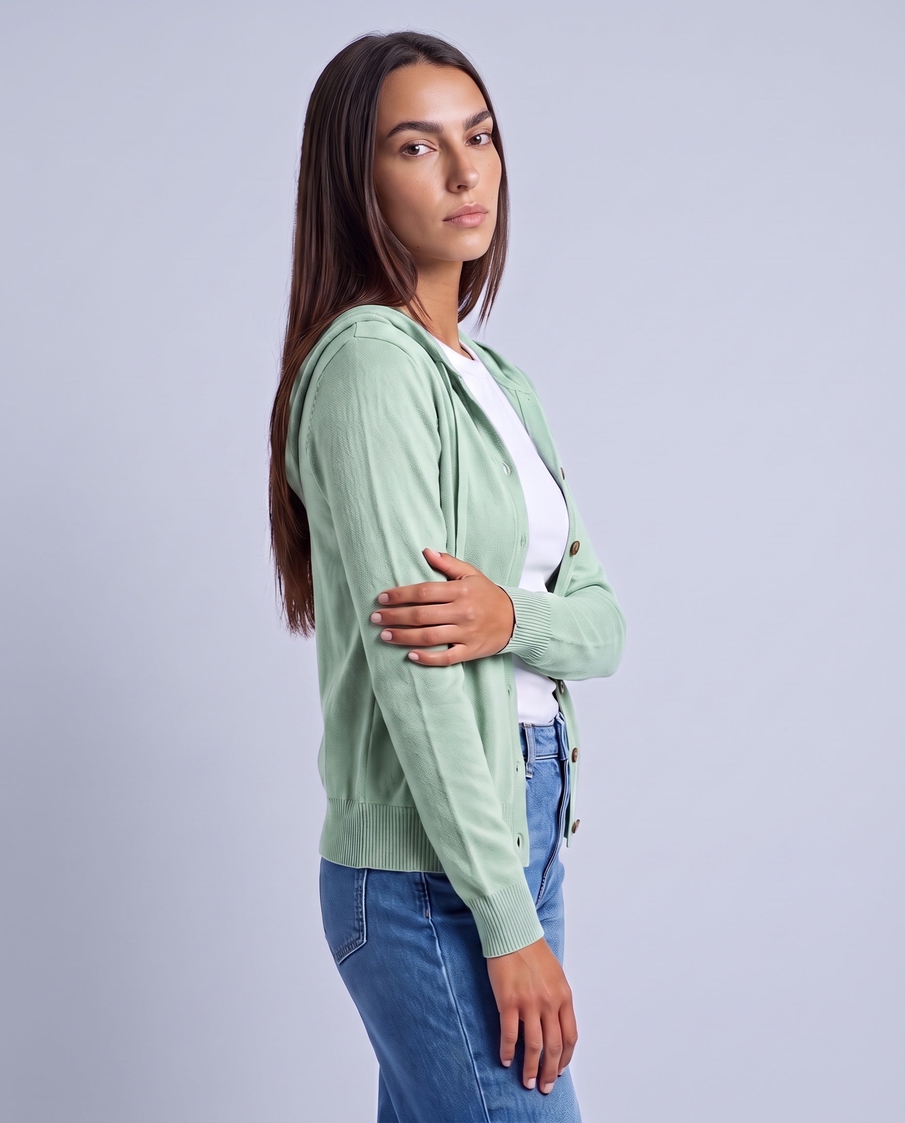 Green Hooded Cardigan Knitted Button Front Cardigan with Hood Relaxed Fit