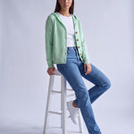Green Hooded Cardigan Knitted Button Front Cardigan with Hood Relaxed Fit