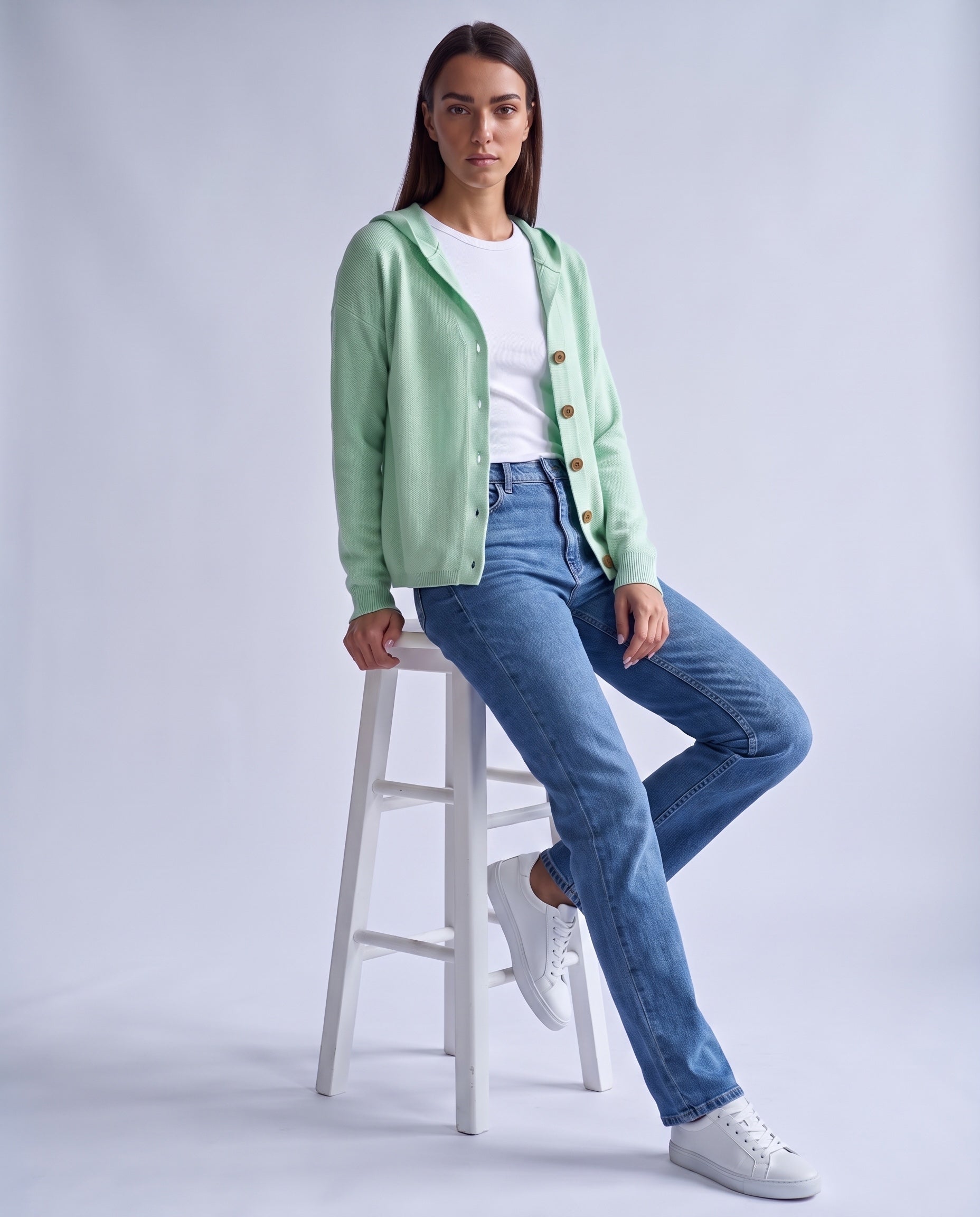 Green Hooded Cardigan Knitted Button Front Cardigan with Hood Relaxed Fit