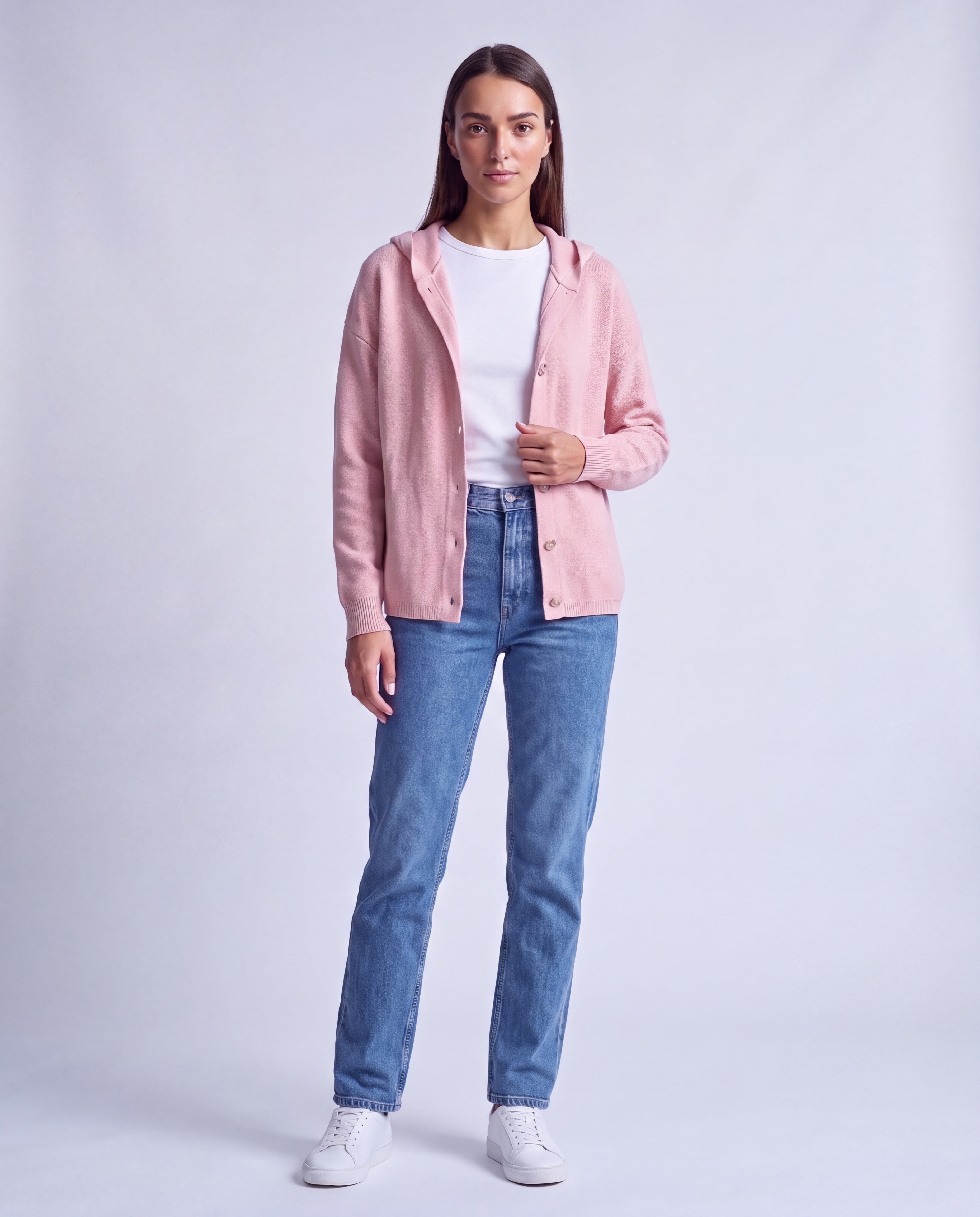 Pink Hooded Cardigan Knitted Button Front Cardigan with Hood Relaxed Fit