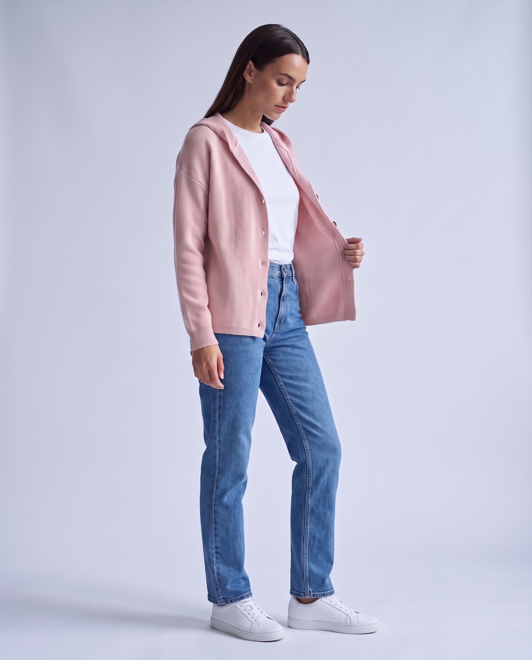 Pink Hooded Cardigan Knitted Button Front Cardigan with Hood Relaxed Fit