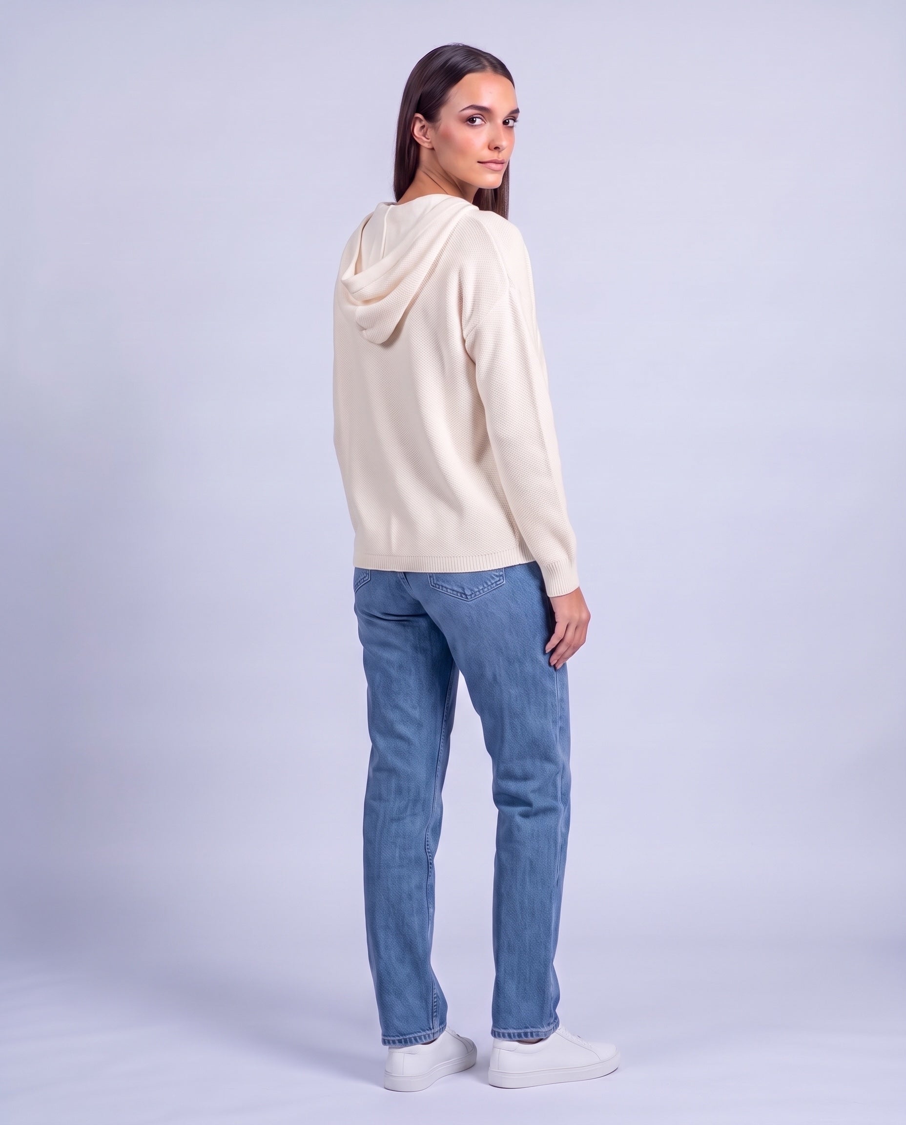 White Hooded Cardigan Knitted Button Front Cardigan with Hood Relaxed Fit