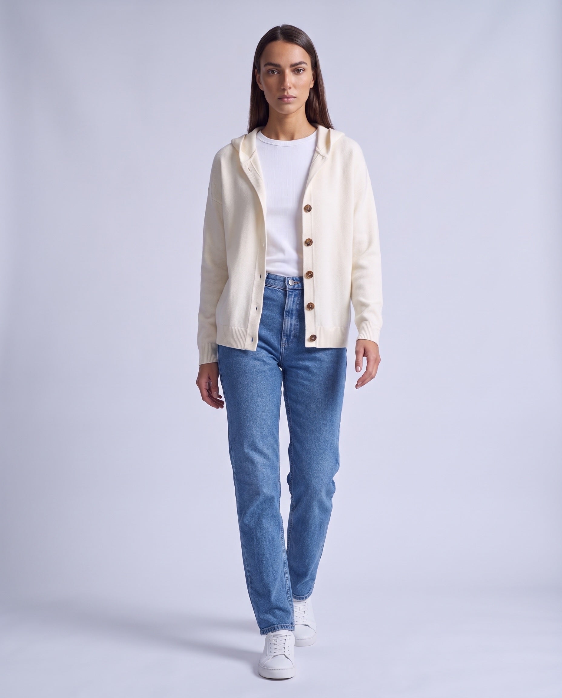 White Hooded Cardigan Knitted Button Front Cardigan with Hood Relaxed Fit