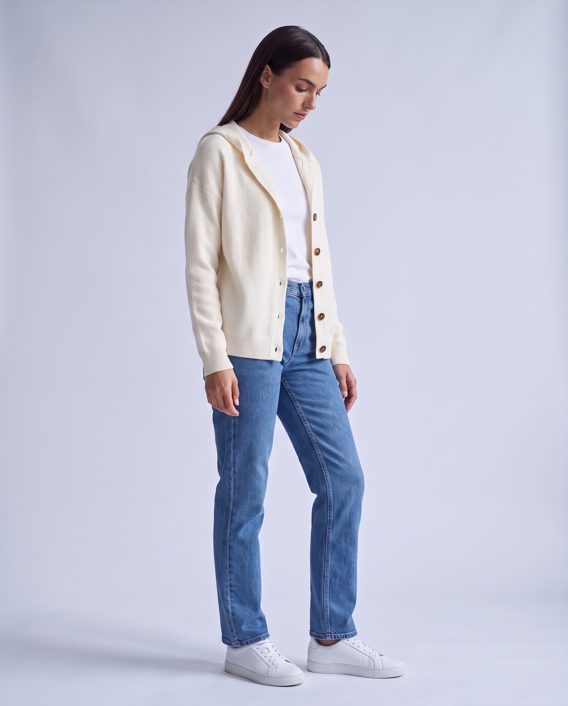 White Hooded Cardigan Knitted Button Front Cardigan with Hood Relaxed Fit