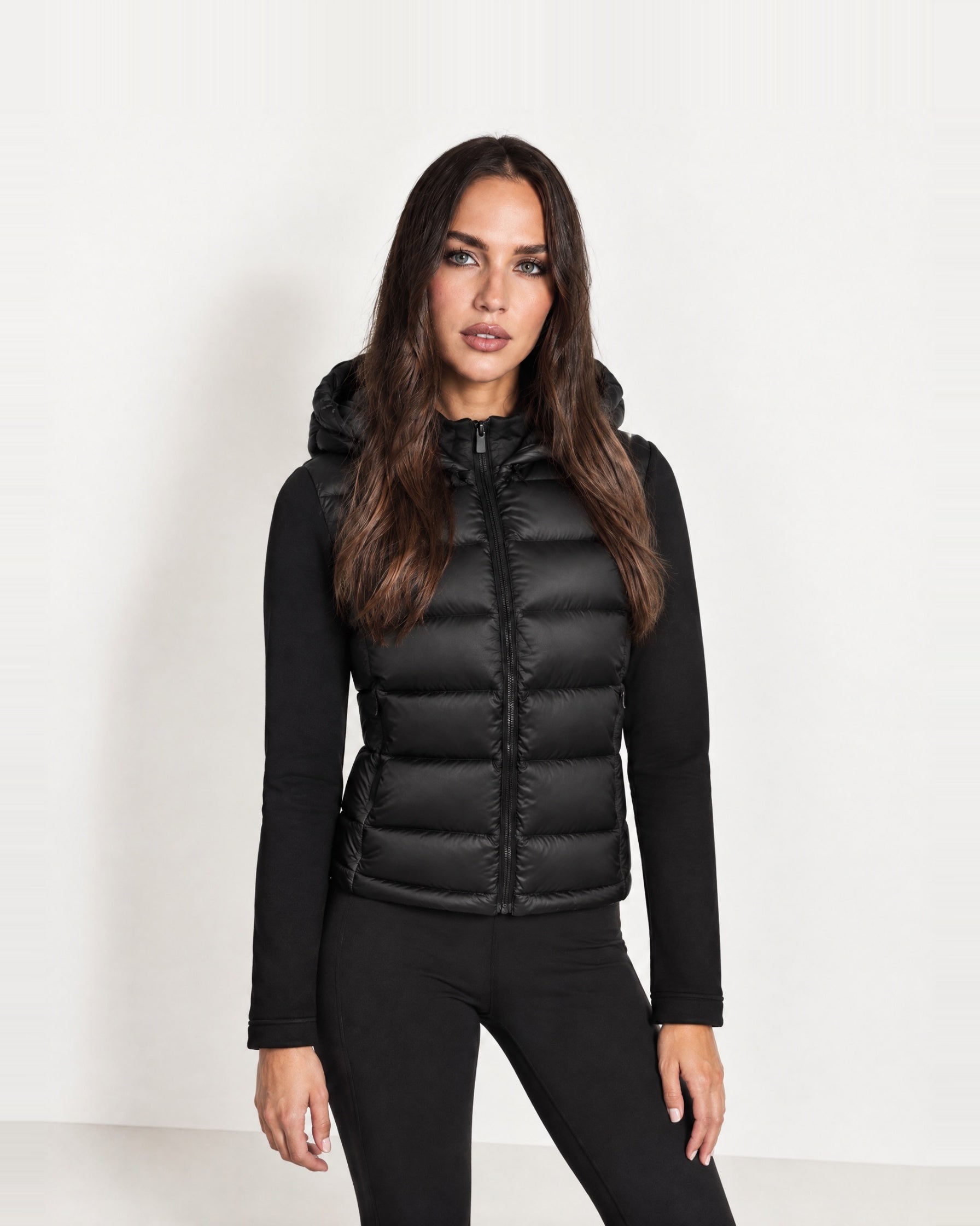Black Puffer Jacket Hooded Jersey Sleeves