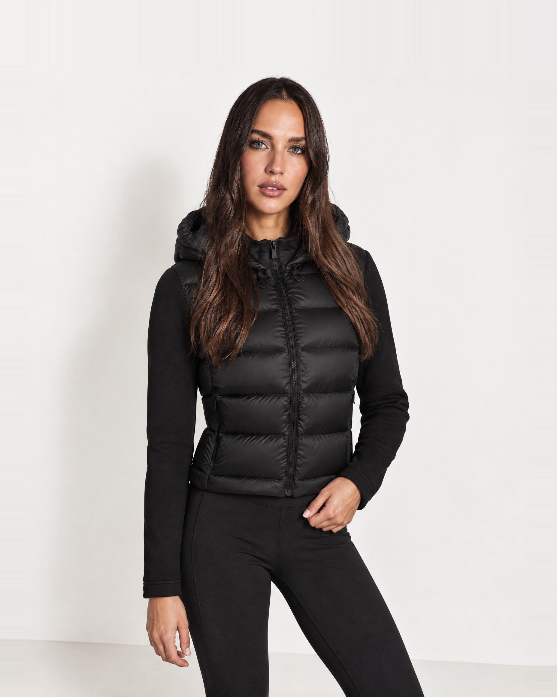 Black Puffer Jacket Hooded Jersey Sleeves