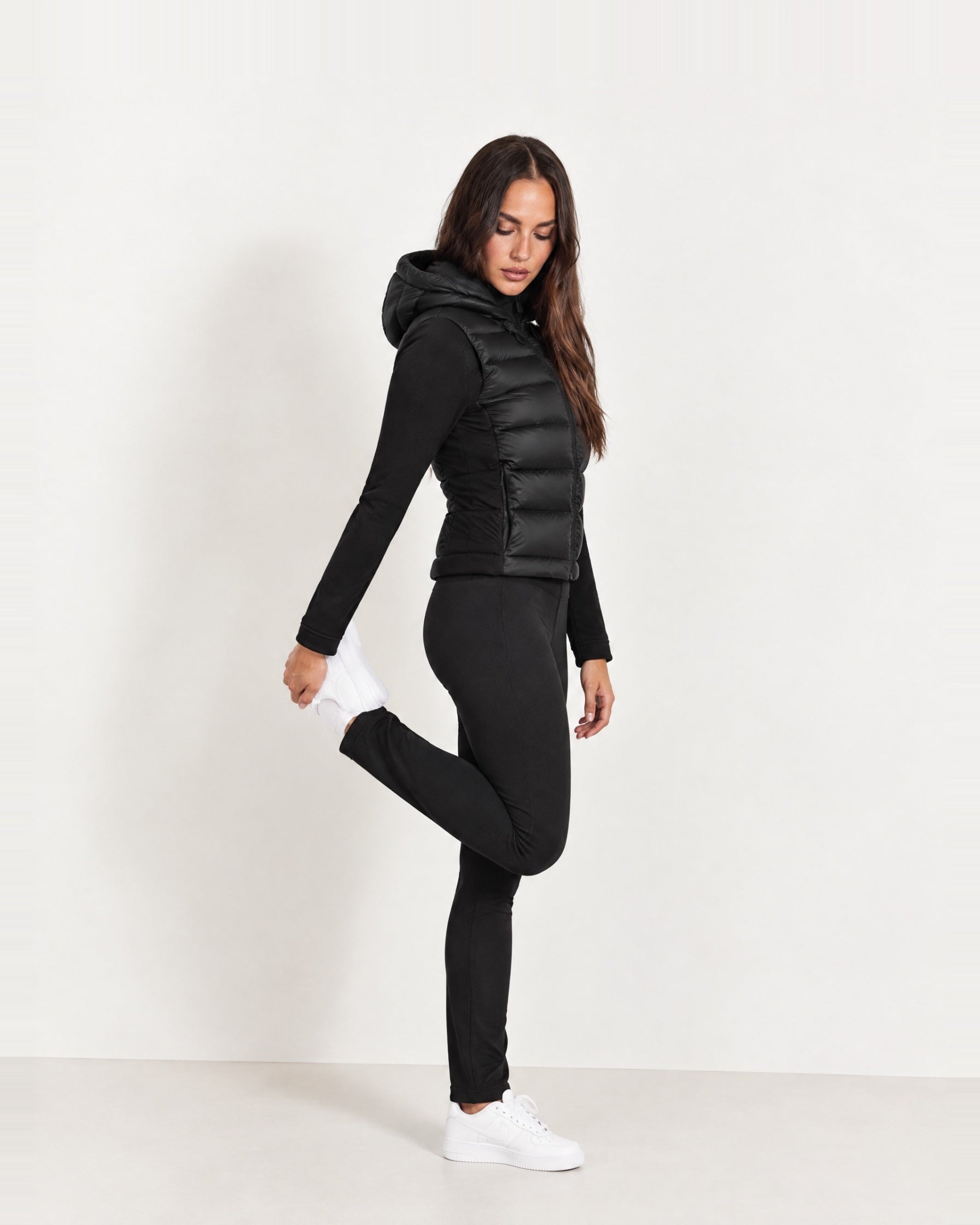 Black Puffer Jacket Hooded Jersey Sleeves
