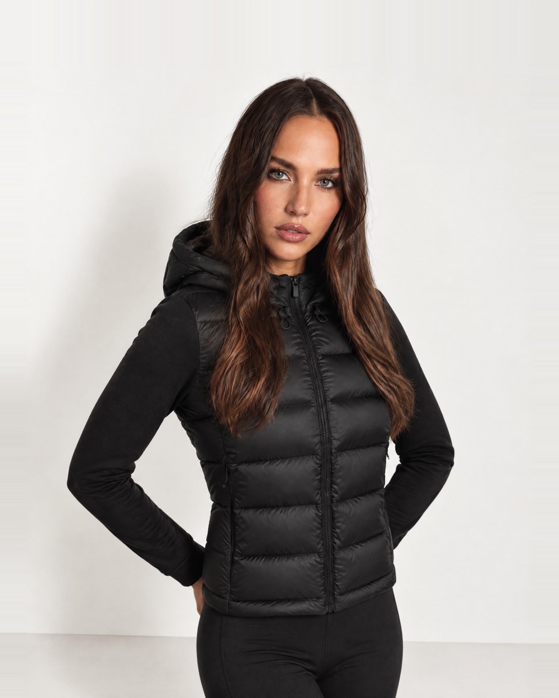 Black Puffer Jacket Hooded Jersey Sleeves