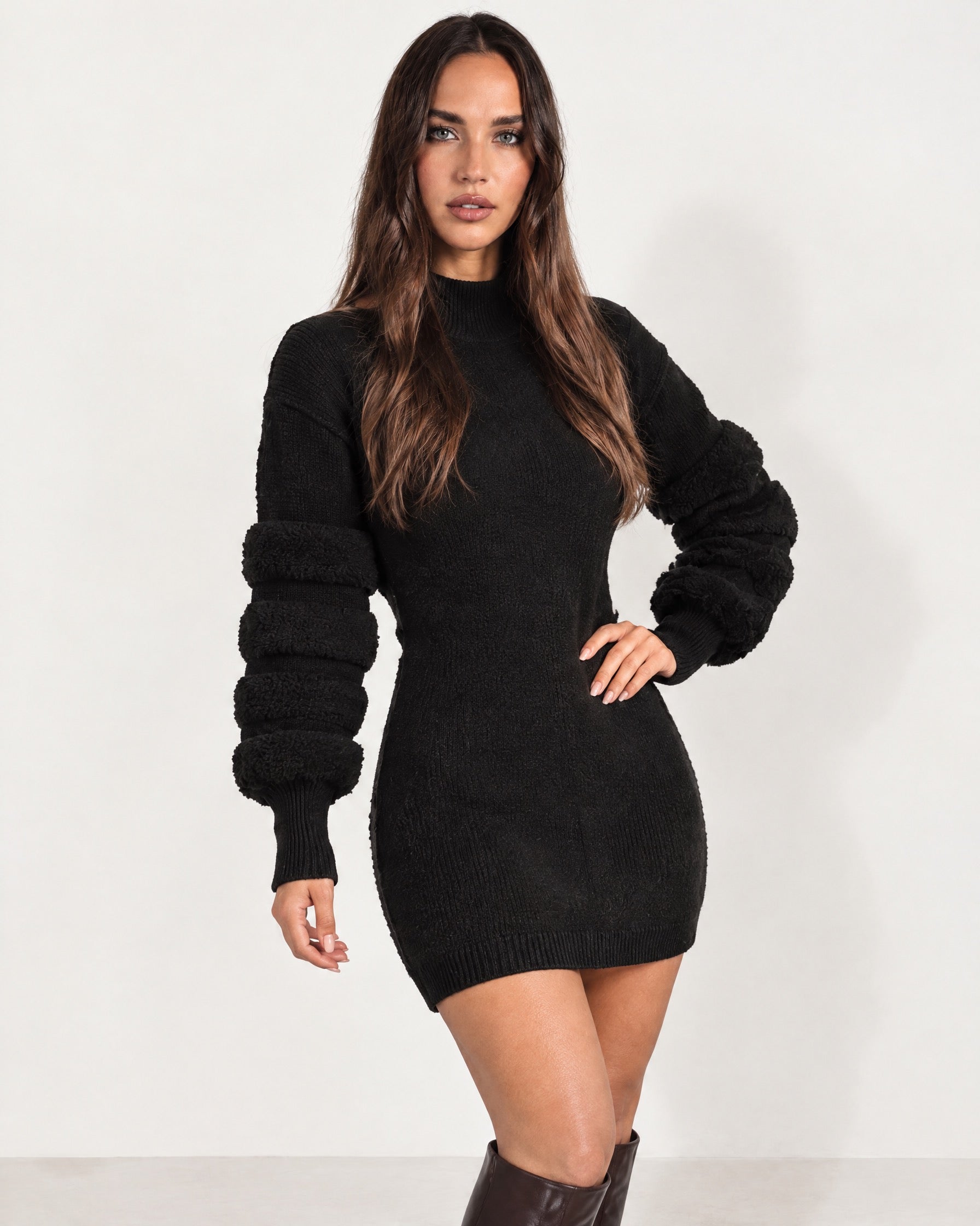 Black Jumper Dress Bubble Sleeve Mock Neck