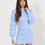 Light Blue Jumper Dress Bubble Sleeve Mock Neck