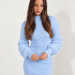Light Blue Jumper Dress Bubble Sleeve Mock Neck