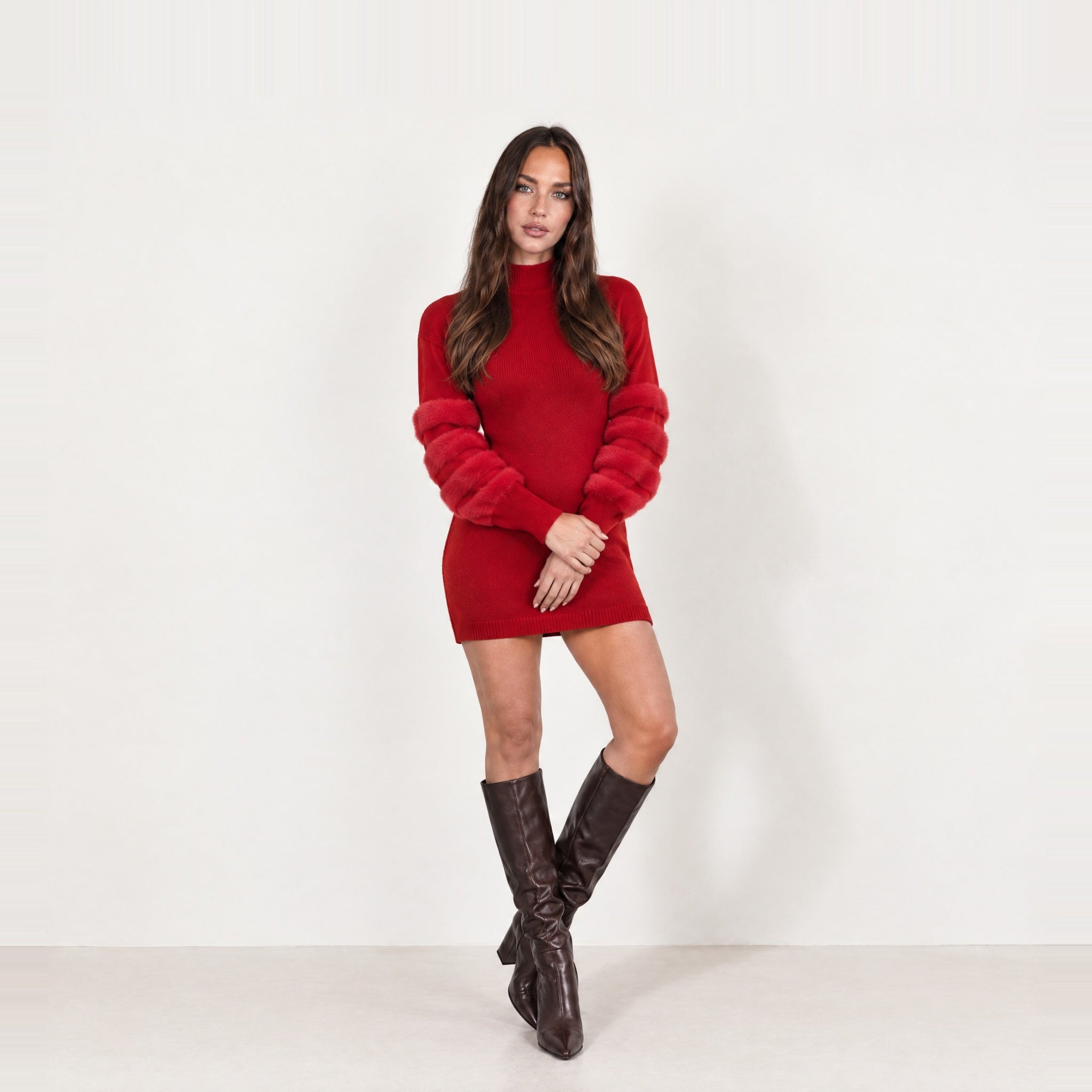 Red Jumper Dress Bubble Sleeve Mock Neck