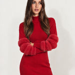 Red Jumper Dress Bubble Sleeve Mock Neck