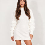 White Jumper Dress Bubble Sleeve Mock Neck