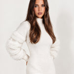 White Jumper Dress Bubble Sleeve Mock Neck