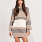Neutral Stripe Jumper Dress Colour Block Mock Neck