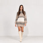 Neutral Stripe Jumper Dress Colour Block Mock Neck
